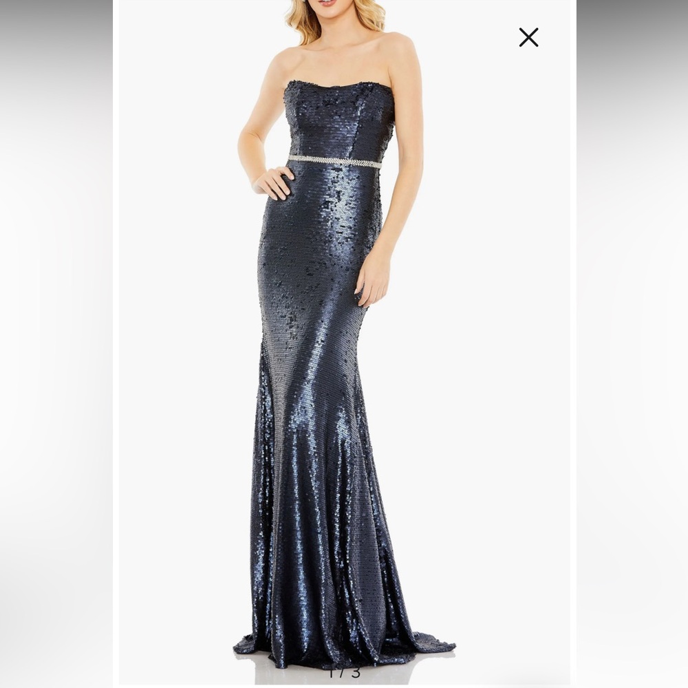MAC DUGGAL SEQUINED STRAPLESS RHINESTONE BELT GOWN in midnight Sz 2 NWT